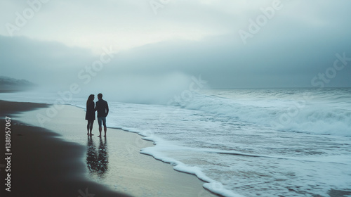 A couple standing barefoot on a beach, with waves gently washing over their feet as they hold hands