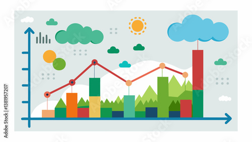 A lively line graph displaying the correlation between annual temperature changes and carbon emissions.. Vector illustration