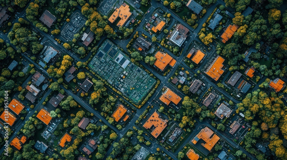 Aerial view Suburban neighborhood, green spaces, autumn leaves, drone photography, urban planning Aerial view Suburban neighborhood, green spaces, autumn leaves, drone photography, urban planning