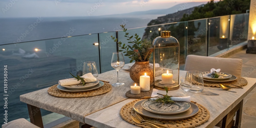 Romantic seaside dinner setup with candles and elegant tableware at sunset
