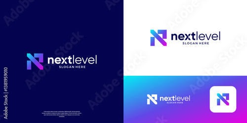 Letter N arrow up right logo. Purple blue gradient geometric arrow shape with flat minimalist. Usable for business, start up and technology logos.