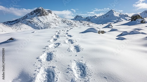 Snowy footsteps lead through majestic mountains alpine landscape nature photography winter wonderland atmosphere