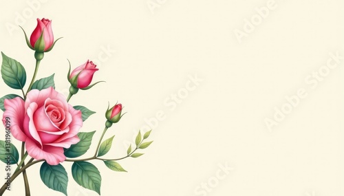 Delicate watercolor rose buds and leaves on a cream background, cream, print