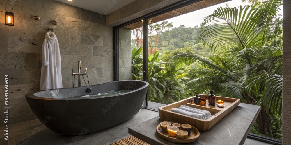 Modern bathroom with a luxurious tub overlooking a lush tropical landscape during daylight hours