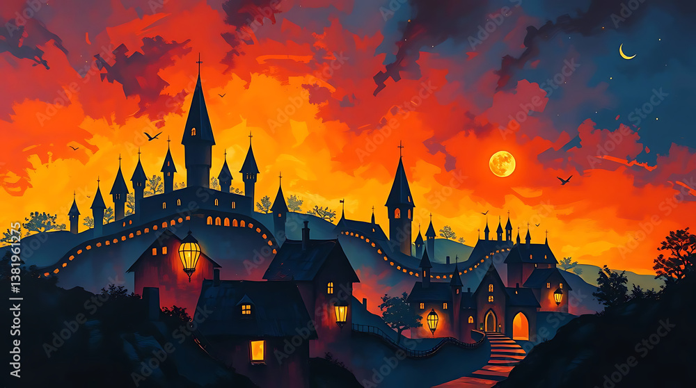 Fiery Sunset over a Magical Town Fiery Sunset over a Magical Town
