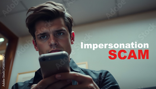 A victim looks worried receving message from an imposter scammer. Impersonatoin Scam concept