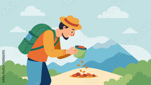 A backpacker carefully pouring a handful of mixed nuts into a small container as a lightweight yet nutritious trailside snack.. Vector illustration