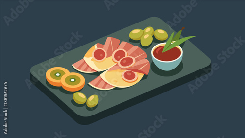 A small slate board with thinly sliced prosciutto olives and crostini arranged in a clean and symmetrical manner.. Vector illustration