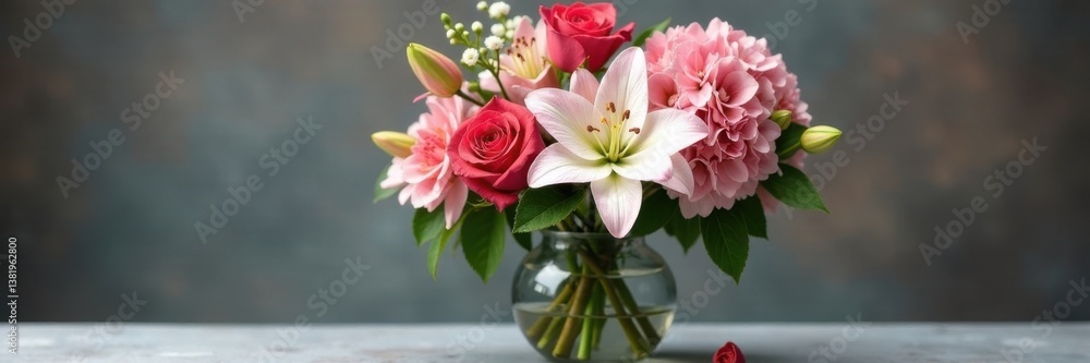 Elegant roses, lilies, and hydrangeas in a glass vase, petals, soft Elegant roses, lilies, and hydrangeas in a glass vase, petals, soft