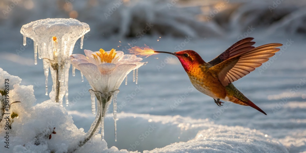 Hummingbird feeding on flower in winter wonderland with icicles and snow