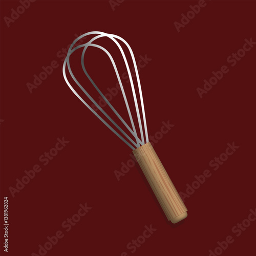 A classic wire whisk with a wooden handle, set against a deep burgundy background. The whisk symbolizes culinary creativity, baking precision, and the art of blending ingredients to perfection.