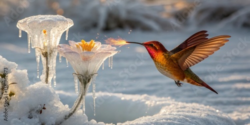 Obraz na płótnie Hummingbird feeding on flower in winter wonderland with icicles and snow w salonie