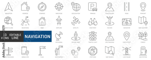 Navigation and GPS icons set, editable line icon pack. maps, travel, direction, location, tracking, compass symbols. simple vector collection.