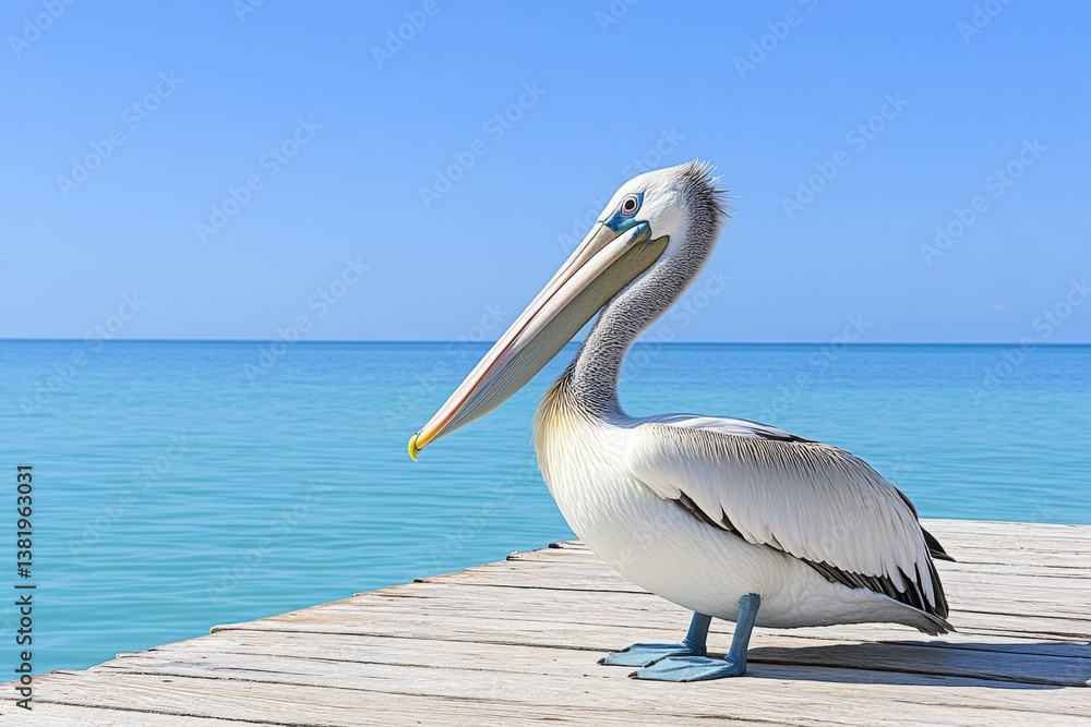 A pelican resting on a sunlit pier, its feathers ruffled by the ocean breeze A pelican resting on a sunlit pier, its feathers ruffled by the ocean breeze