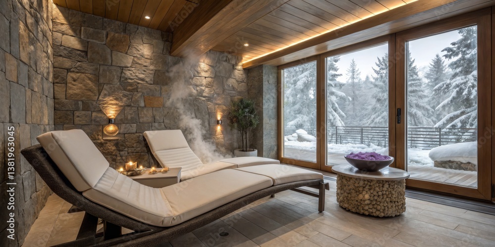 Luxury spa relaxation area with snowy landscape view and modern amenities in a tranquil retreat setting