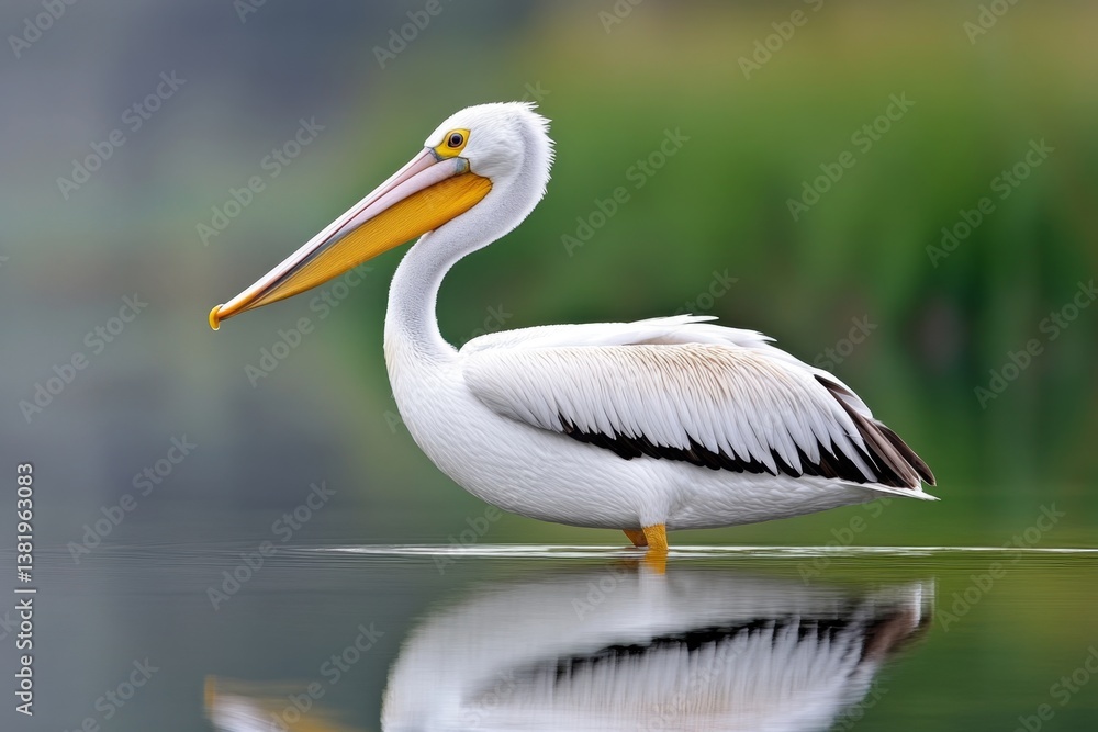 A pelican standing in calm waters with its reflection perfectly mirrored on the surface A pelican standing in calm waters with its reflection perfectly mirrored on the surface
