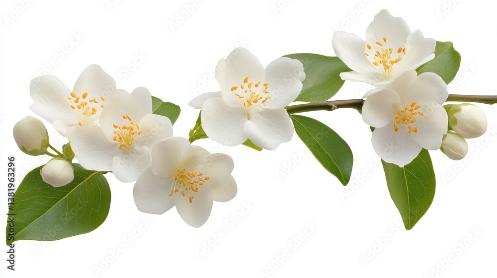 Obraz premium Beautiful White Jasmine Flowers Blooming Branch Spring Nature Photography Fresh Delicate Floral Blossom Botanical Image Elegant White Flowers Green Leaves Natural Beauty Freshness Soft Pure Plant 