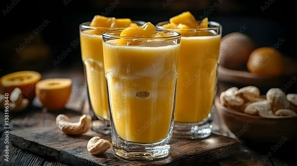 Refreshing Cashew Fruit Juice Presentation with Natural Light and Dark Backdrop Refreshing Cashew Fruit Juice Presentation with Natural Light and Dark Backdrop