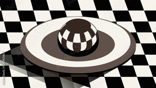 A black and white checkerboard patterned plate with a single chocolate truffle p delicately in the center.. Vector illustration