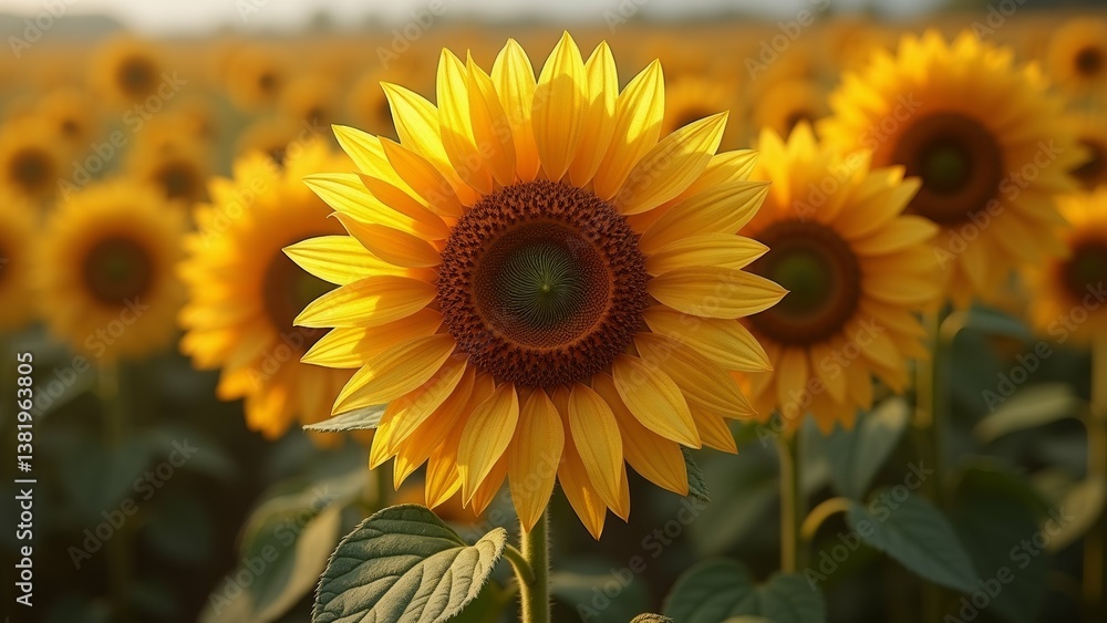 Fototapeta premium close sunflower middle field sunflowers sunflower center its bright yellow petals radiating outwards star like shape petals deep orange color darker brown center center lighter shade orange flower