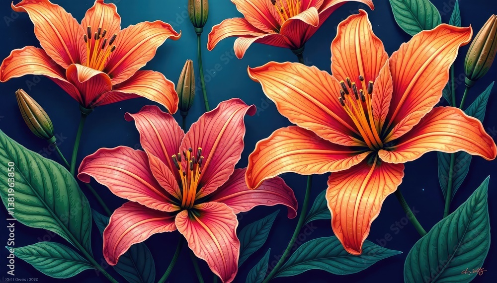 Intricate line art lilies form a dense, all-over print , repeat, floral pattern, abstract Intricate line art lilies form a dense, all-over print , repeat, floral pattern, abstract