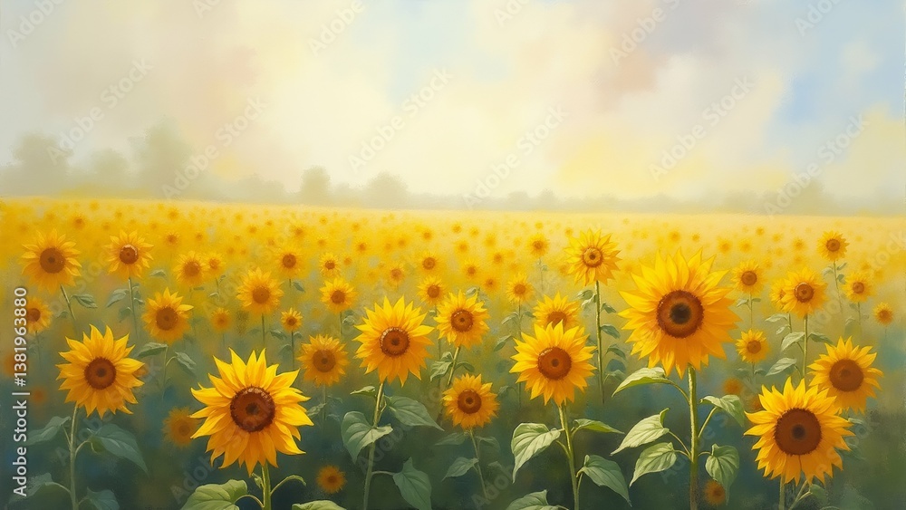 Fototapeta premium painting field sunflowers field vast full bright yellow flowers large round heads dark brown centers flowers arranged neat rows overlapping sky pale blue wispy white clouds scattered across