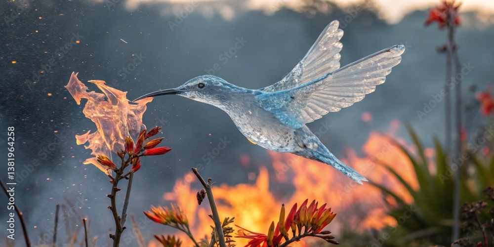 Hummingbird amidst flames showcases nature's resilience in a striking contrast of beauty and destruction