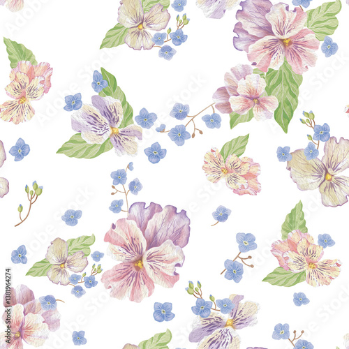 Hand-drawn watercolor seamless pattern of green leaves, pink violas, and blue forget-me-nots. Perfect for vintage prints, wallpapers, wrap paper packages, clothes, dishes, tablecloth, backgrounds