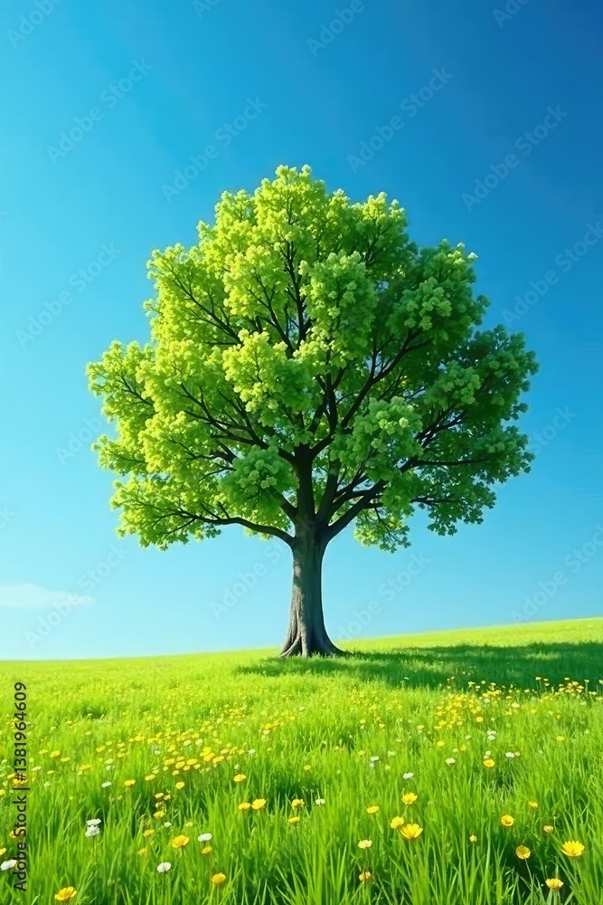 Obraz premium Isolated tree in a vast meadow under clear blue skies, clear, expansive, light