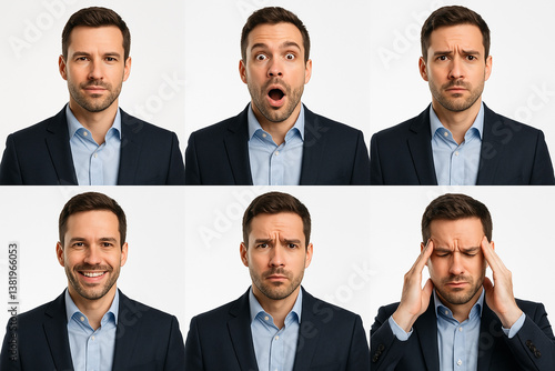 A young businessman wearing a dark suit and light blue shirt displaying a variety of emotional facial expressions. The six-panel collage includes neutral, surprised, sad, happy, confused, and stressed
