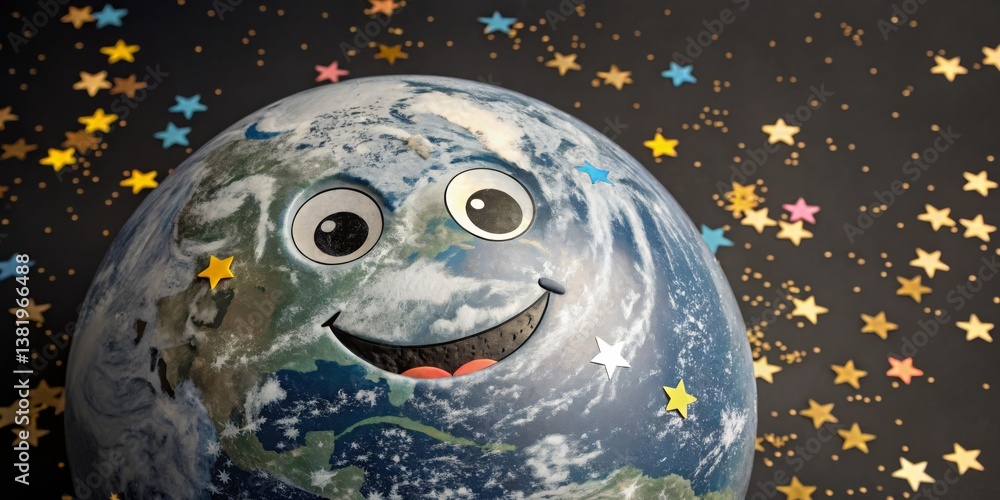 Smiling globe with stars brings joy and wonder, showcasing planet Earth in a playful design with vibrant colors and a friendly face