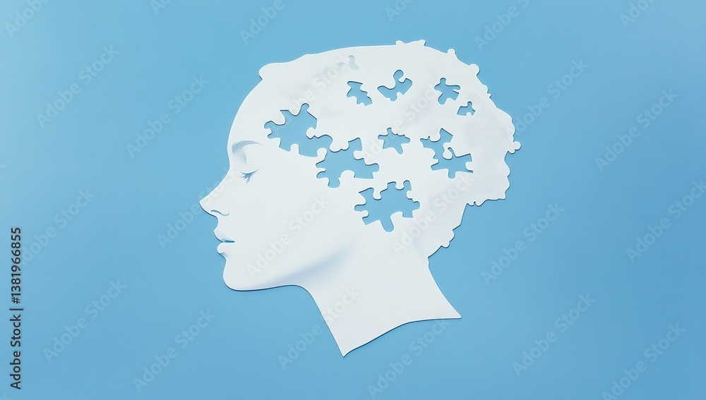 Fototapeta premium White Jigsaw Puzzle Head Silhouette on Blue Background