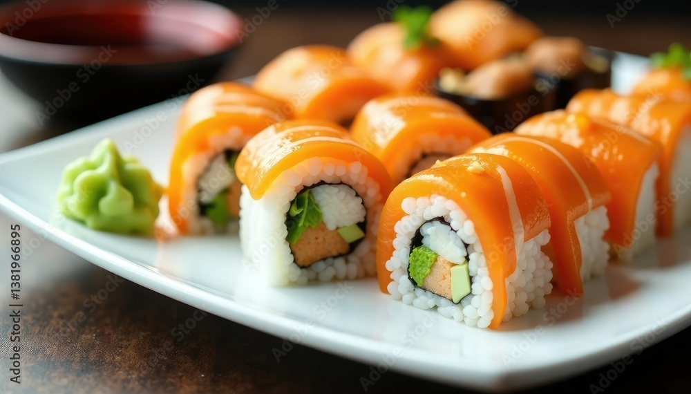 Various sushi rolls arranged on white plate, soy sauce, wasabi, food, healthy Various sushi rolls arranged on white plate, soy sauce, wasabi, food, healthy