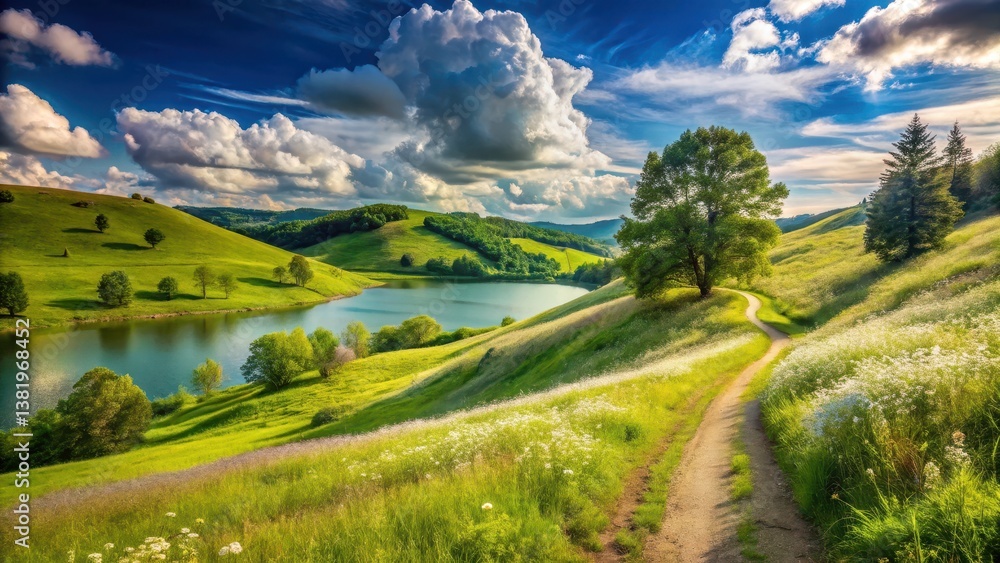 Obraz premium Serene Lakeside Path Winding Through Verdant Hills Under a Dramatic Sky