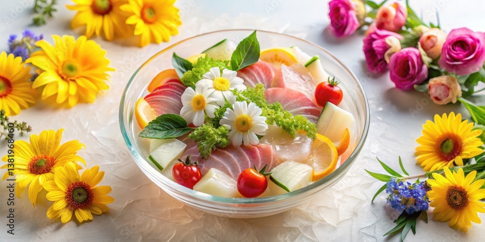 A Refreshing Summer Salad with Delicate Floral Garnish, Featuring Thinly Sliced Fish, Citrus Fruits, and Vibrant Vegetables in a Glass Bowl A Refreshing Summer Salad with Delicate Floral Garnish, Featuring Thinly Sliced Fish, Citrus Fruits, and Vibrant Vegetables in a Glass Bowl