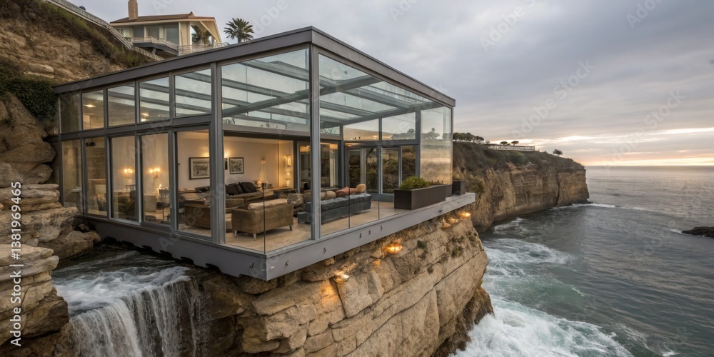 Modern glass house built on a cliff overlooking the ocean at sunset with waves crashing below
