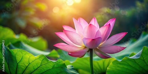 Serene Pink Lotus Blossom Illuminated by Golden Sunlight Amidst Lush Green Foliage