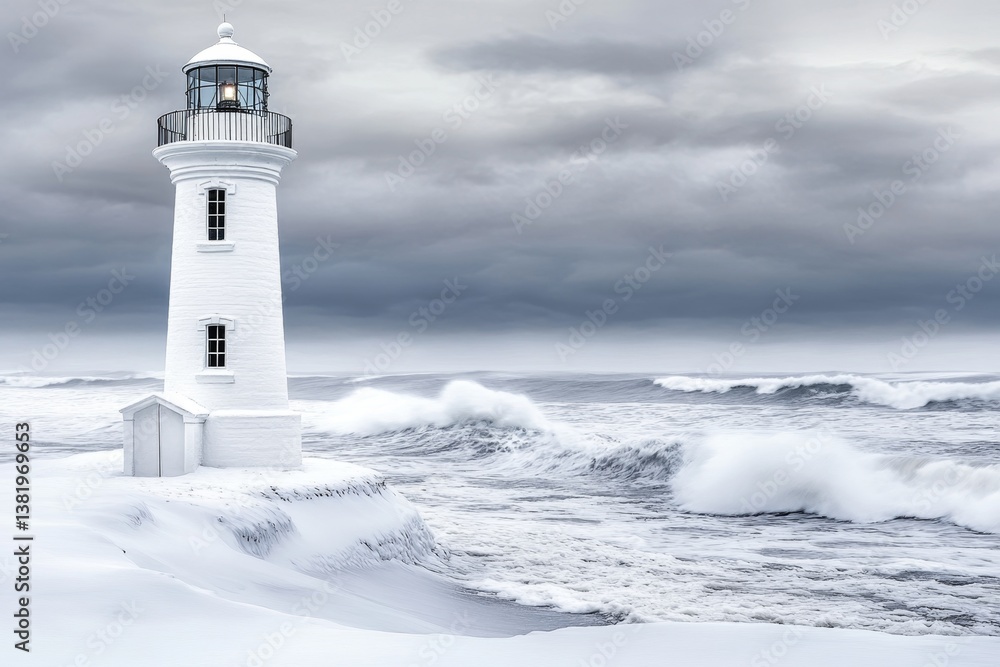 A snow-covered lighthouse standing tall on a frozen coastline, waves crashing against the icy shore A snow-covered lighthouse standing tall on a frozen coastline, waves crashing against the icy shore