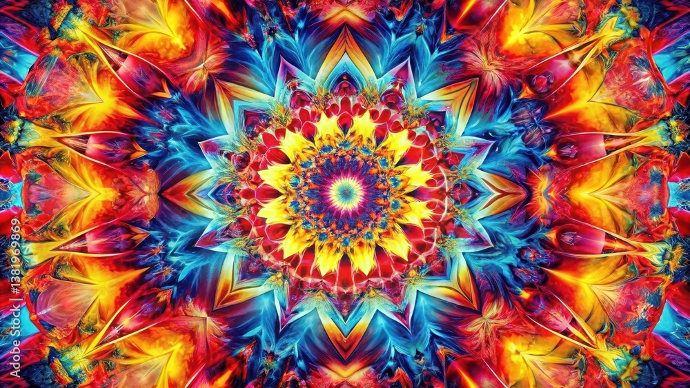 Vibrant Kaleidoscopic Mandala A Symphony of Red, Yellow, and Blue Hues Featuring Intricate Floral Patterns and Symmetrical Design Elements Vibrant Kaleidoscopic Mandala A Symphony of Red, Yellow, and Blue Hues Featuring Intricate Floral Patterns and Symmetrical Design Elements