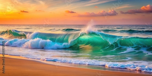 Ocean Wave Crashing on Sandy Shore at Sunset A Stunning Display of Nature's Beauty
