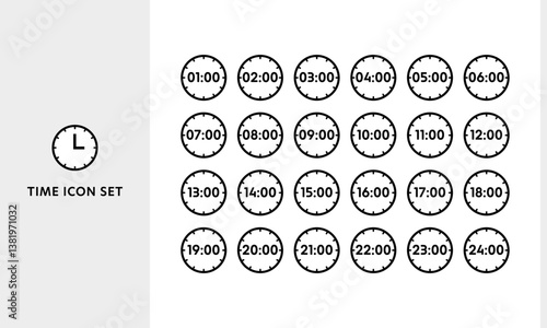 1時間ごとの24時間時計アイコンセット（ベクター・線画・シンプル）