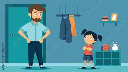 A father patiently waiting on the sidelines as his child excitedly tries on different outfits for the new school year.. Vector illustration