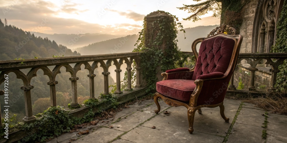 Elegant vintage chair overlooks serene valley at dawn with mist rising over distant hills and soft light illuminating surroundings