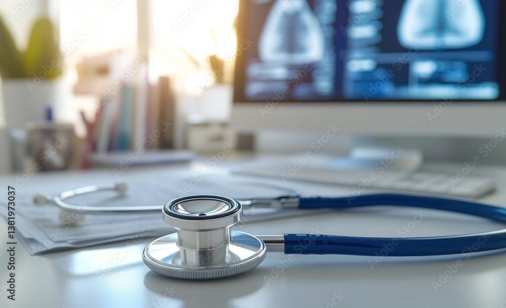 Stethoscope and medical records on a desk with a computer screen in the background Stethoscope and medical records on a desk with a computer screen in the background