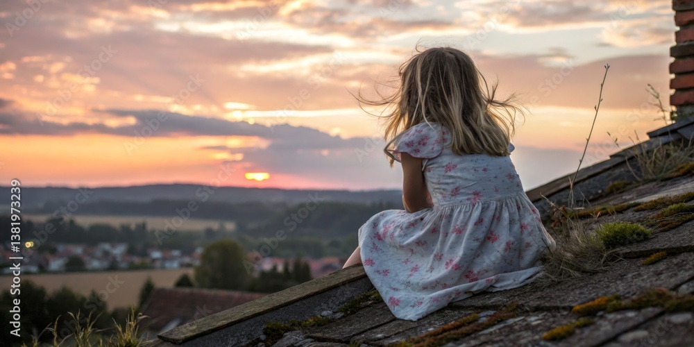 Child gazes at sunset from rooftop while wearing a floral dress in a tranquil countryside setting