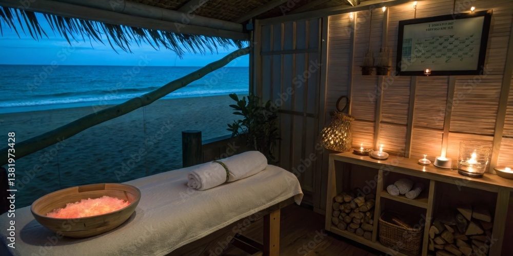 Relaxing beachfront spa treatment room with soft lighting and soothing ocean view during twilight hours
