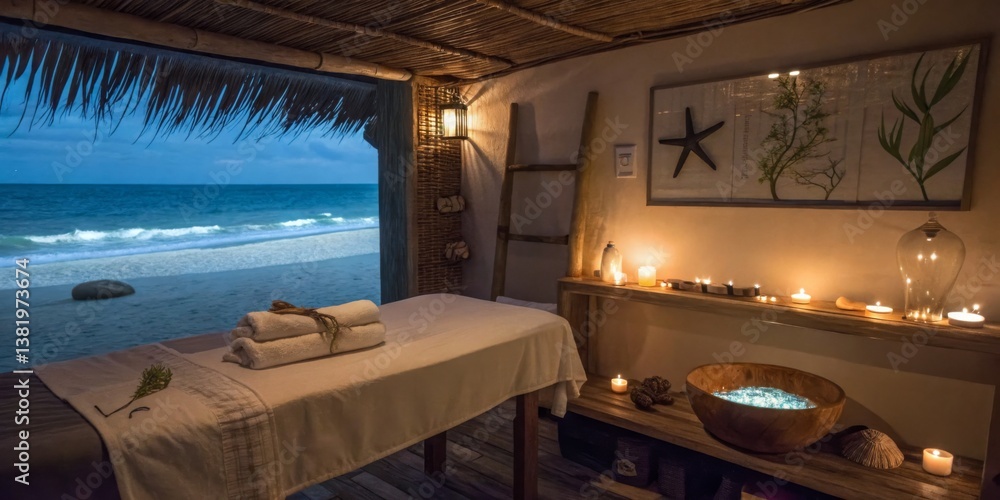 Cozy beachfront massage room with calming ocean view and ambient lighting at twilight