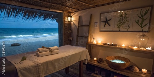 Obraz na płótnie Cozy beachfront massage room with calming ocean view and ambient lighting at twilight w salonie