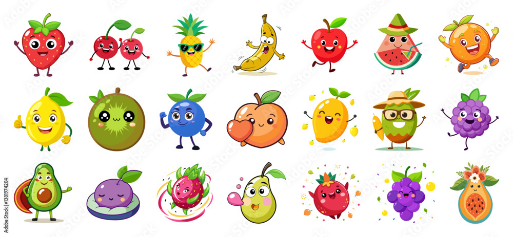 Obraz premium A set of 20 vector illustrations of cartoon fruits with faces and limbs, each fruit exhibiting a unique personality and design against a white background.
