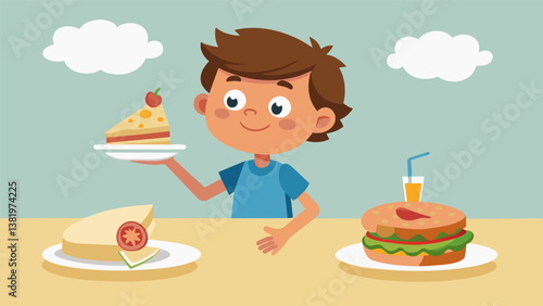 A cautious child opts for a simple ham and cheese sandwich not wanting to try any of the more exotic dishes.. Vector illustration